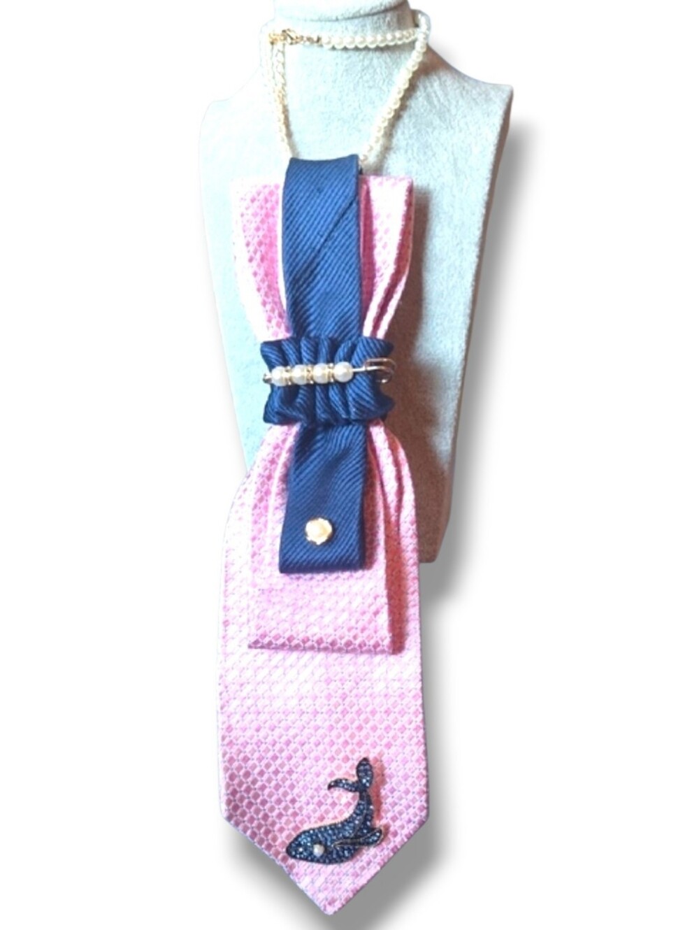 3/$60 Pink Folded Cravat with Navy Accent, Pearl Detail And Whale Brooch